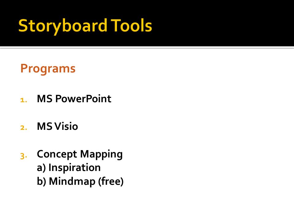Programs 1. MS PowerPoint 2. MS Visio 3. Concept Mapping a) Inspiration b) Mindmap (free)