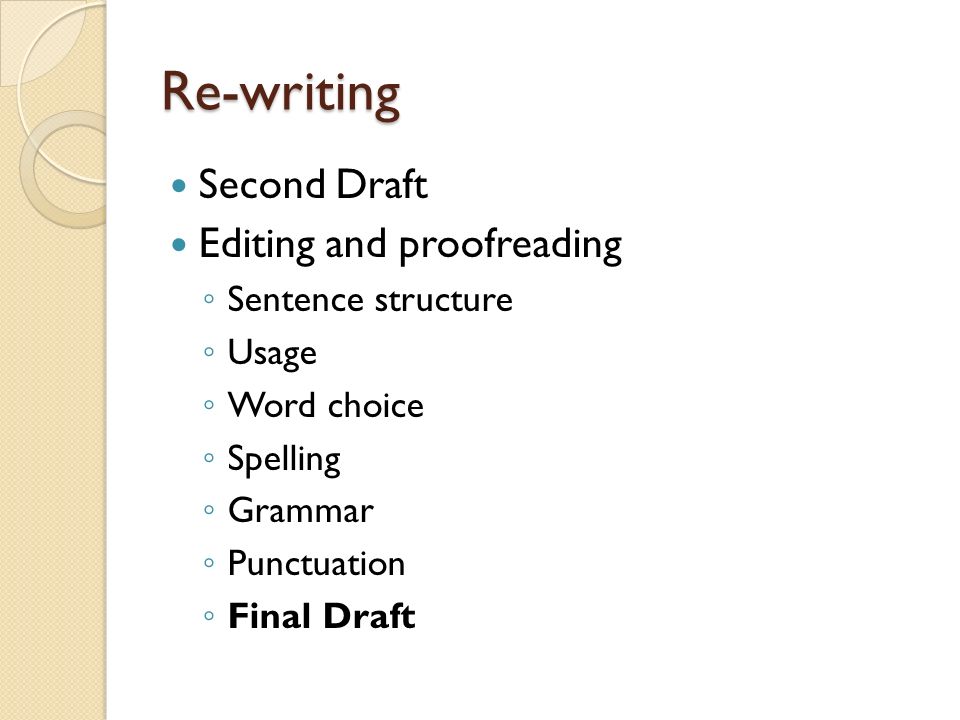 Re-writing Second Draft Editing and proofreading ◦ Sentence structure ◦ Usage ◦ Word choice ◦ Spelling ◦ Grammar ◦ Punctuation ◦ Final Draft
