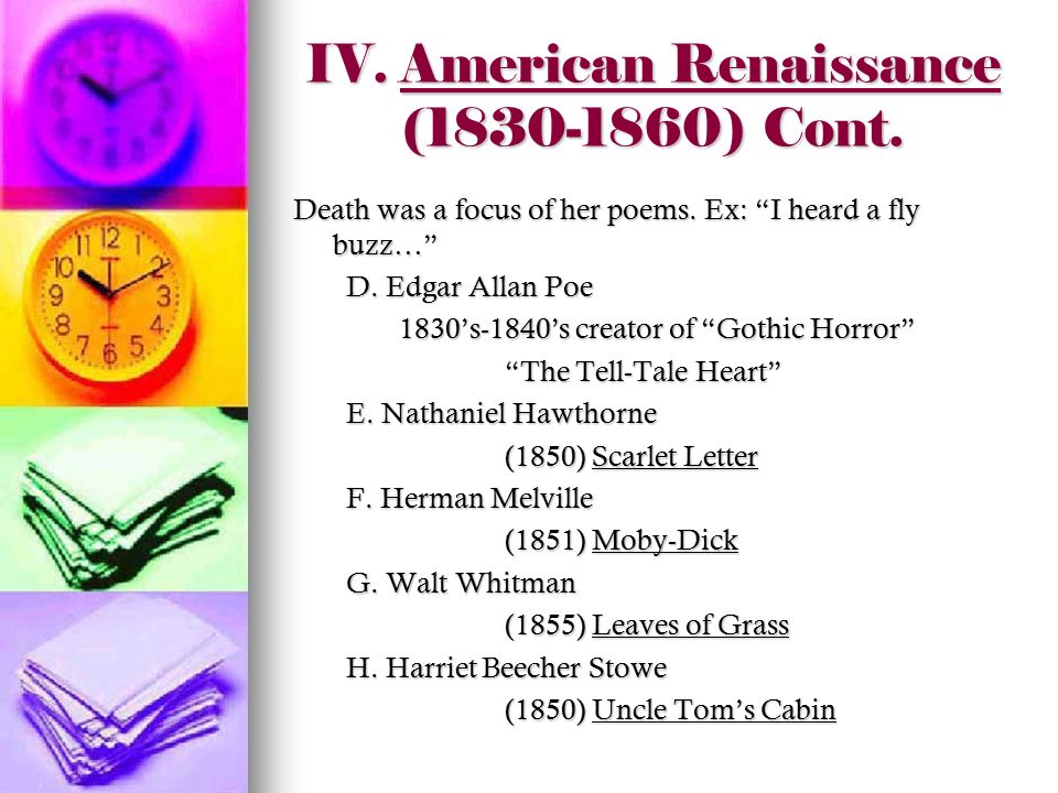 american renaissance literature American renaissance as “romantic period in american literature” in literary scholarship, the decades before the american civil war are also identified as “the romantic period in american literature” american romanticism occurred about a generation after the romantic movement in european literature. american renaissance literature American renaissance as “romantic period in american literature” in literary scholarship, the decades before the american civil war are also identified as “the romantic period in american literature” american romanticism occurred about a generation after the romantic movement in european literature.