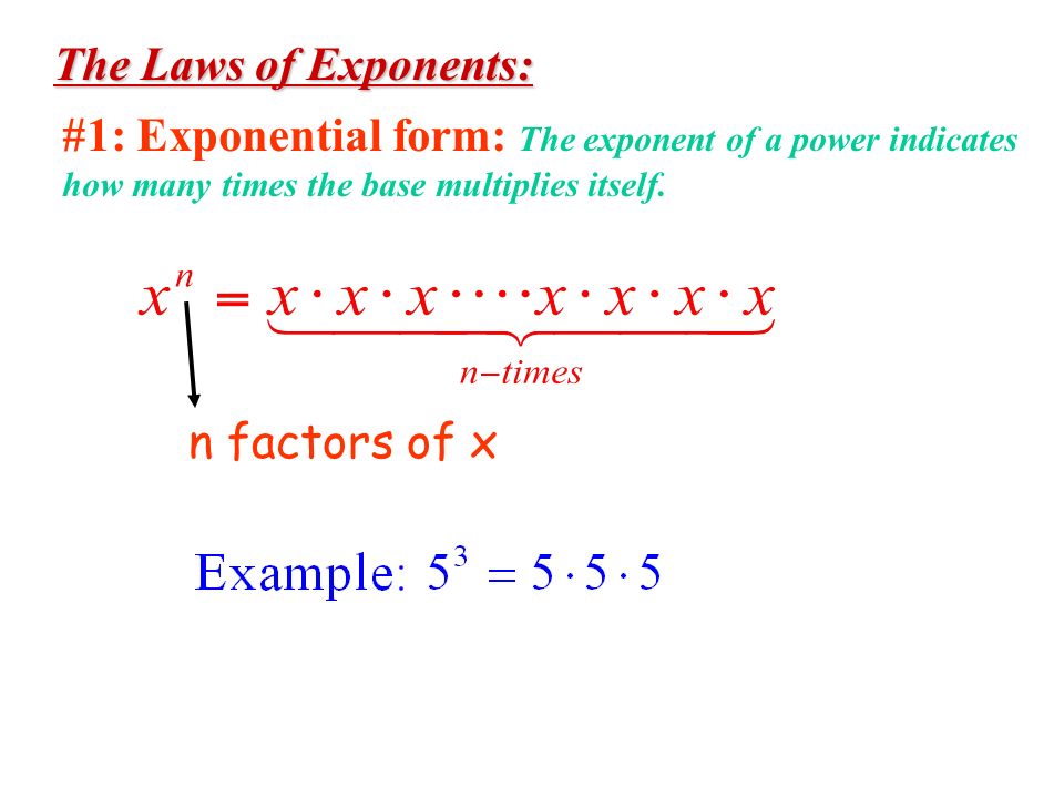 The Laws of Exponents: #1: Exponential form: The exponent of a power indicates how many times the base multiplies itself.