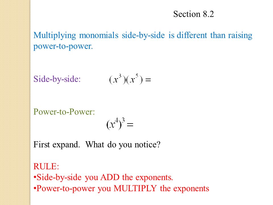 Section 8.2 Multiplying monomials side-by-side is different than raising power-to-power.