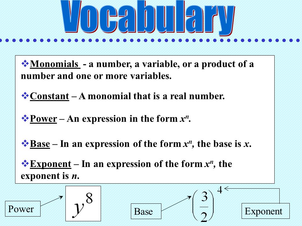  Monomials - a number, a variable, or a product of a number and one or more variables.