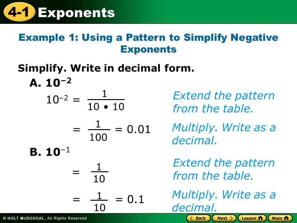 4-1 Exponents Example 1: Using a Pattern to Simplify Negative Exponents Simplify.