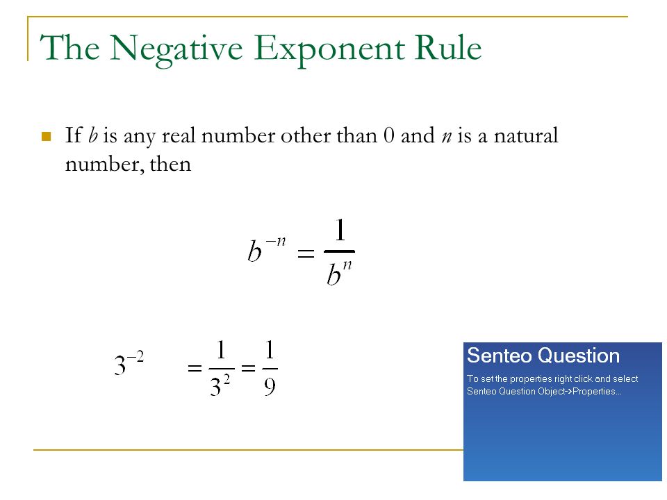 The Negative Exponent Rule If b is any real number other than 0 and n is a natural number, then