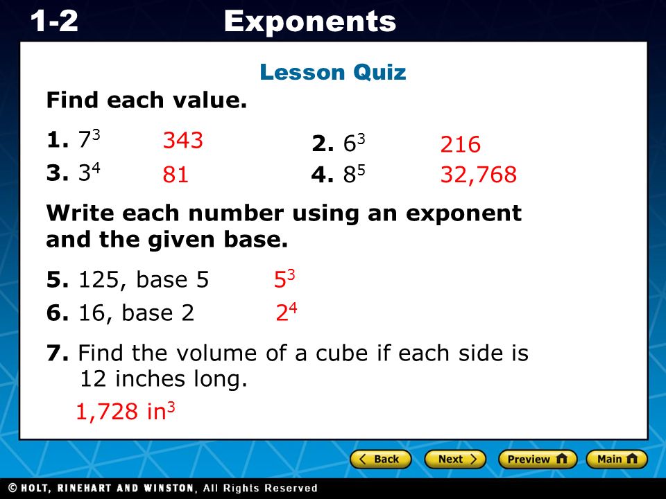 Holt CA Course 1 Exponents1-2 Lesson Quiz Find each value.