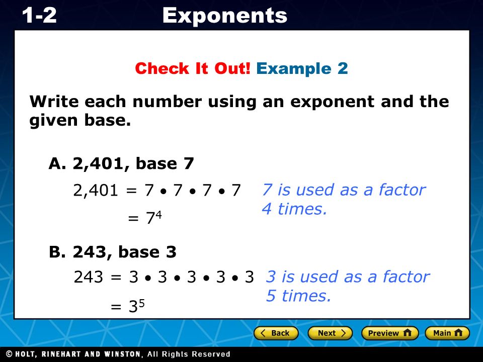 Holt CA Course 1 Exponents1-2 Check It Out.