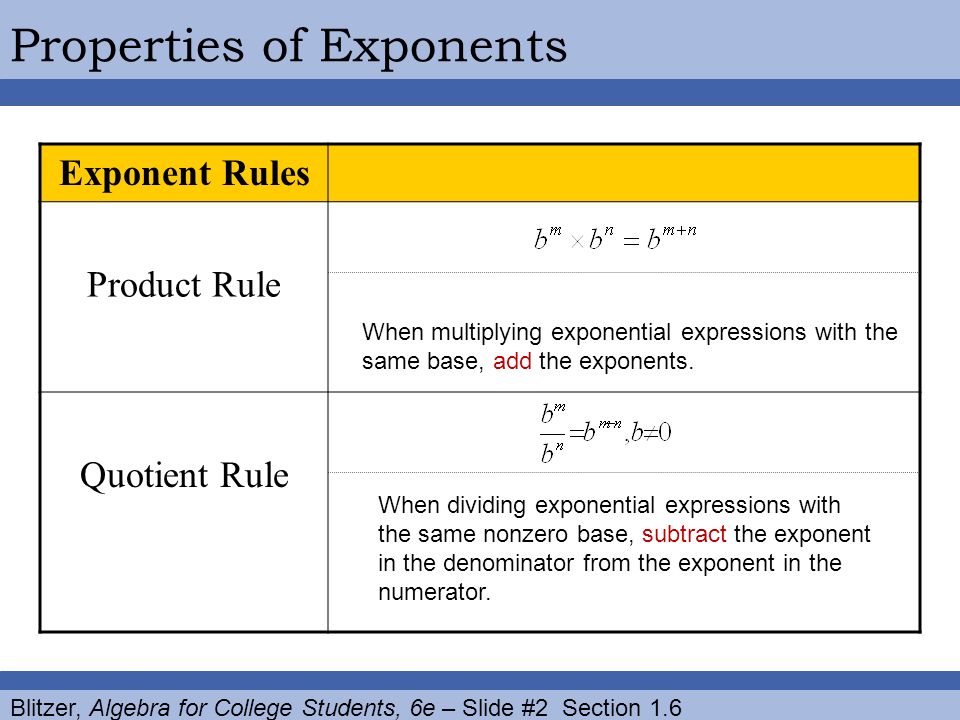Blitzer, Algebra for College Students, 6e – Slide #2 Section 1.6 Properties of Exponents Exponent Rules Product Rule Quotient Rule When multiplying exponential expressions with the same base, add the exponents.