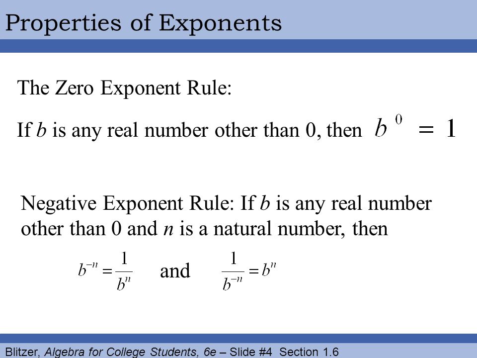 Blitzer, Algebra for College Students, 6e – Slide #4 Section 1.6 Properties of Exponents The Zero Exponent Rule: If b is any real number other than 0, then Negative Exponent Rule: If b is any real number other than 0 and n is a natural number, then and