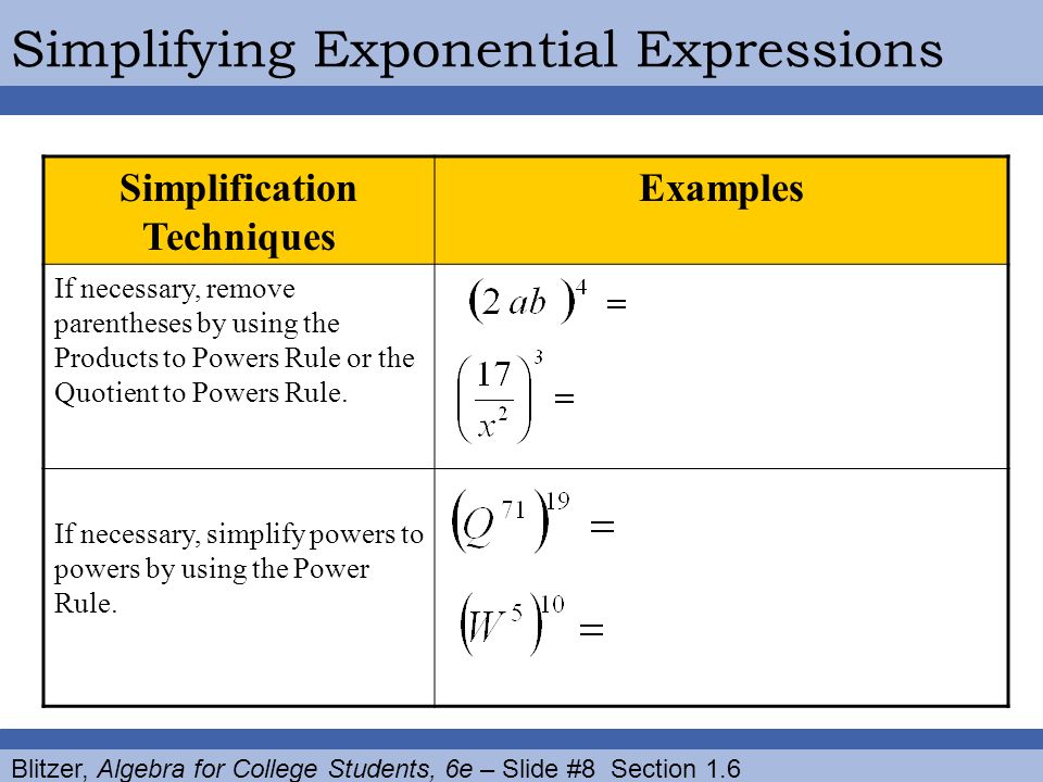 Simplification Techniques Examples If necessary, remove parentheses by using the Products to Powers Rule or the Quotient to Powers Rule.