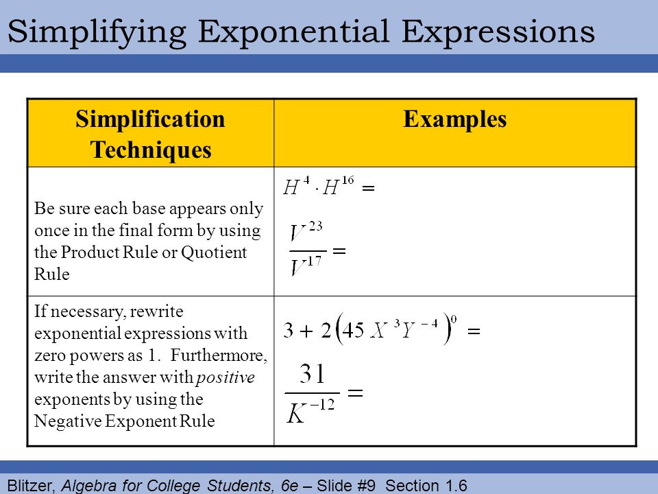 Simplification Techniques Examples Be sure each base appears only once in the final form by using the Product Rule or Quotient Rule If necessary, rewrite exponential expressions with zero powers as 1.