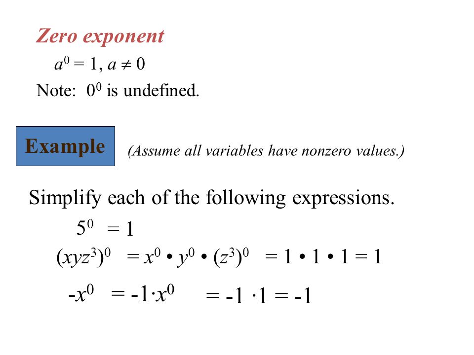 Zero exponent a 0 = 1, a  0 Note: 0 0 is undefined.