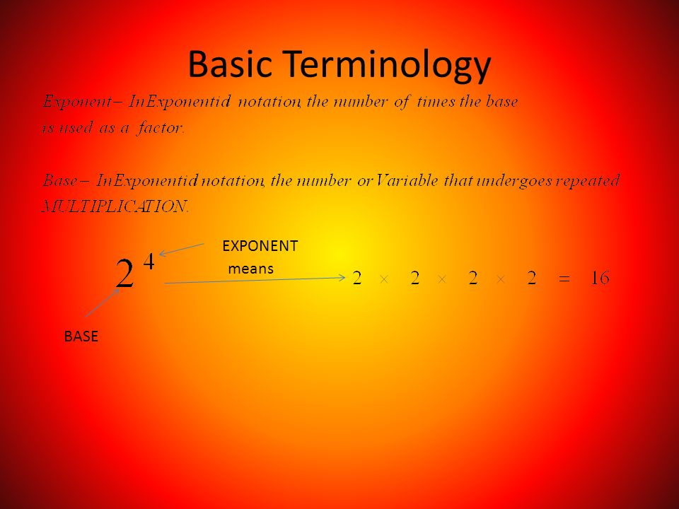 Basic Terminology BASE EXPONENT means