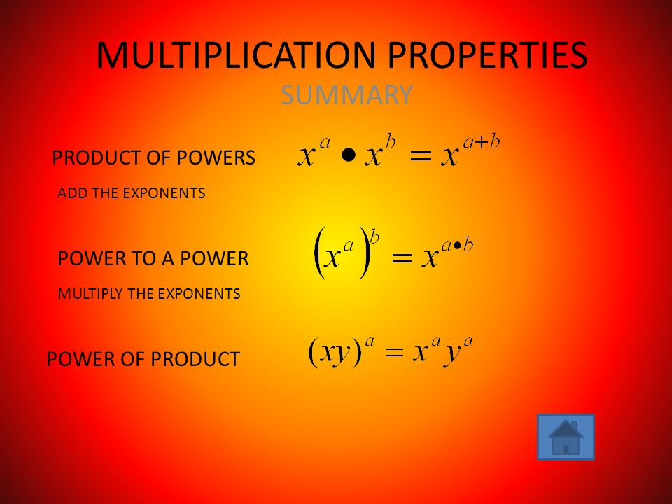 MULTIPLICATION PROPERTIES SUMMARY PRODUCT OF POWERS POWER TO A POWER POWER OF PRODUCT ADD THE EXPONENTS MULTIPLY THE EXPONENTS