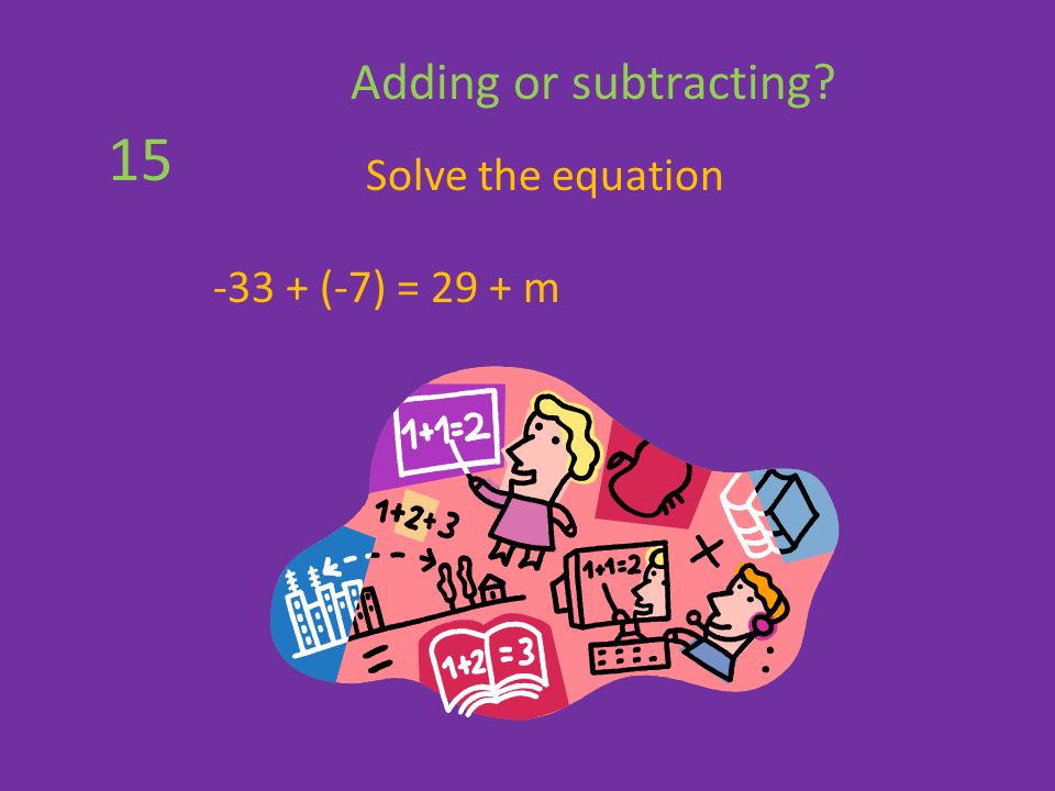 Solve the equation (-7) = 29 + m Adding or subtracting 15