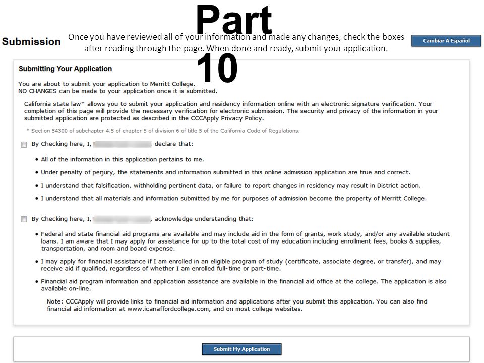 Part 10 Once you have reviewed all of your information and made any changes, check the boxes after reading through the page.