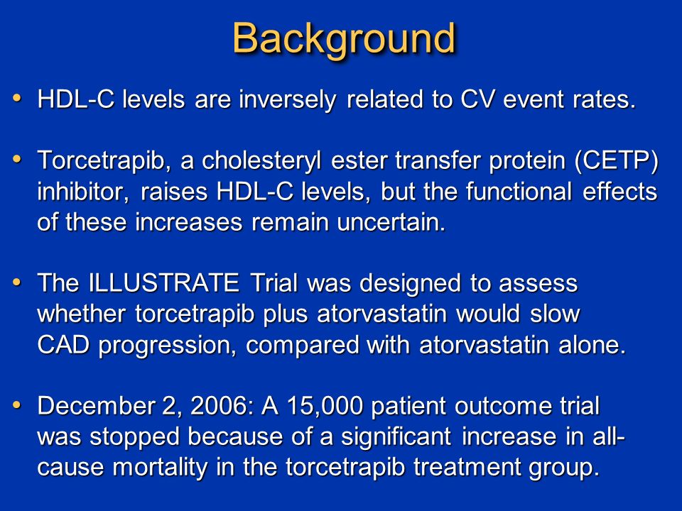 BackgroundBackground HDL-C levels are inversely related to CV event rates.