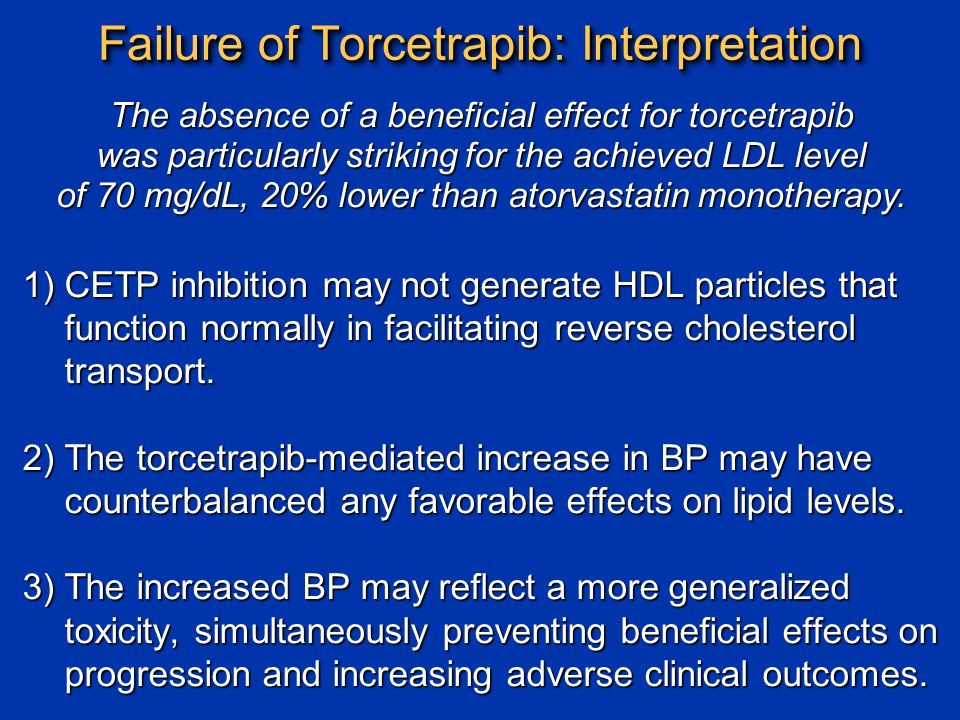 Failure of Torcetrapib: Interpretation 1)CETP inhibition may not generate HDL particles that function normally in facilitating reverse cholesterol transport.