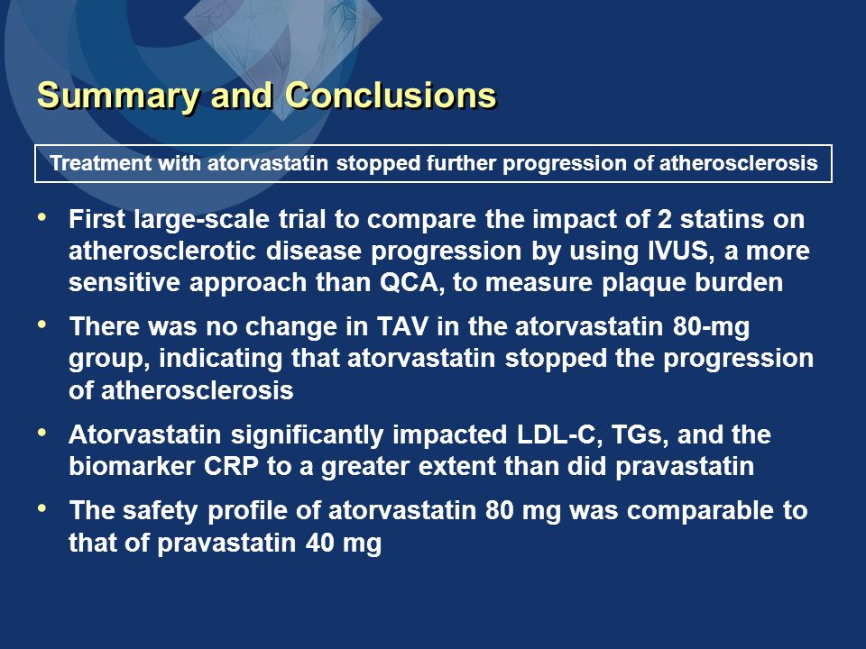 Summary and Conclusions First large-scale trial to compare the impact of 2 statins on atherosclerotic disease progression by using IVUS, a more sensitive approach than QCA, to measure plaque burden There was no change in TAV in the atorvastatin 80-mg group, indicating that atorvastatin stopped the progression of atherosclerosis Atorvastatin significantly impacted LDL-C, TGs, and the biomarker CRP to a greater extent than did pravastatin The safety profile of atorvastatin 80 mg was comparable to that of pravastatin 40 mg Treatment with atorvastatin stopped further progression of atherosclerosis