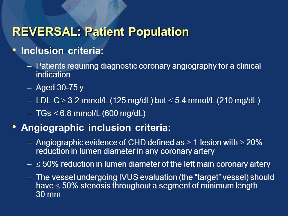 REVERSAL: Patient Population Inclusion criteria: –Patients requiring diagnostic coronary angiography for a clinical indication –Aged y –LDL-C  3.2 mmol/L (125 mg/dL) but  5.4 mmol/L (210 mg/dL) –TGs < 6.8 mmol/L (600 mg/dL) Angiographic inclusion criteria: –Angiographic evidence of CHD defined as  1 lesion with  20% reduction in lumen diameter in any coronary artery –  50% reduction in lumen diameter of the left main coronary artery –The vessel undergoing IVUS evaluation (the target vessel) should have  50% stenosis throughout a segment of minimum length 30 mm