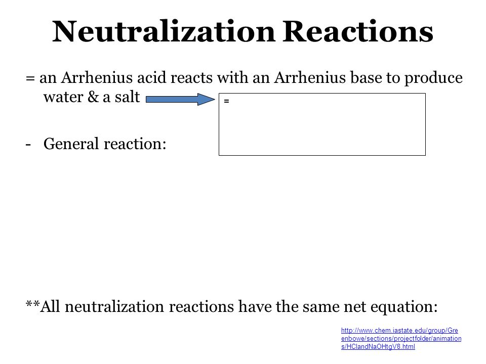 Neutralization Reactions = an Arrhenius acid reacts with an Arrhenius base to produce water & a salt -General reaction: **All neutralization reactions have the same net equation: =   enbowe/sections/projectfolder/animation s/HClandNaOHtgV8.html