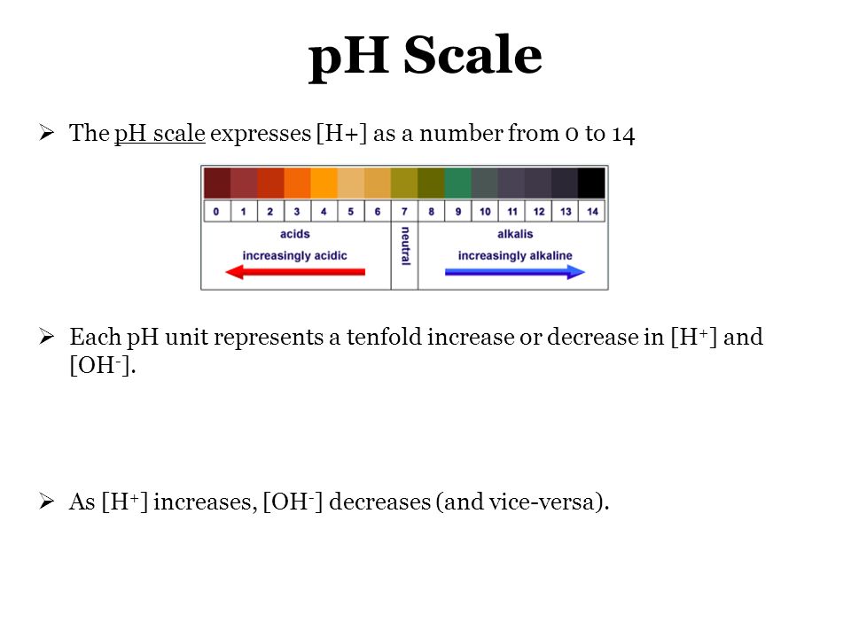 pH Scale  The pH scale expresses [H+] as a number from 0 to 14  Each pH unit represents a tenfold increase or decrease in [H + ] and [OH - ].