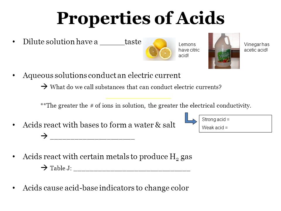 Properties of Acids Dilute solution have a _____taste Aqueous solutions conduct an electric current  What do we call substances that can conduct electric currents.