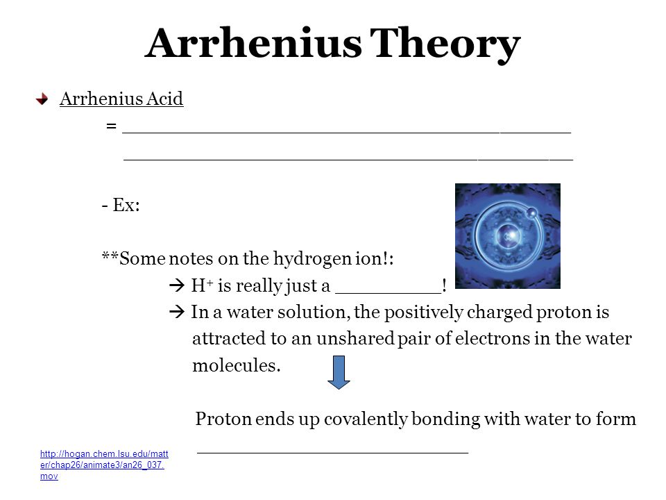 Arrhenius Theory Arrhenius Acid = ______________________________________ ______________________________________ - Ex: **Some notes on the hydrogen ion!:  H + is really just a _________.