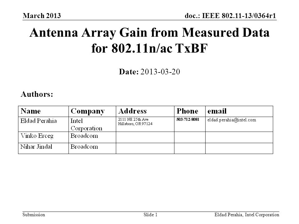 doc.: IEEE /0364r1 SubmissionEldad Perahia, Intel CorporationSlide 1 Date: Authors: Antenna Array Gain from Measured Data for n/ac TxBF March 2013