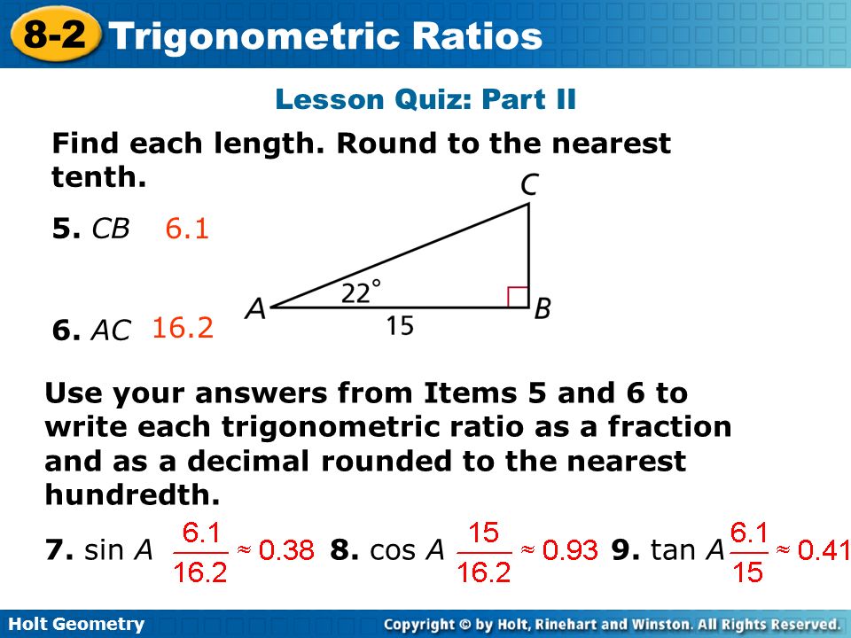 Worksheet Holt Geometry Worksheets holt geometry 8 2 trigonometric ratios warm up write each fraction lesson quiz part ii find length