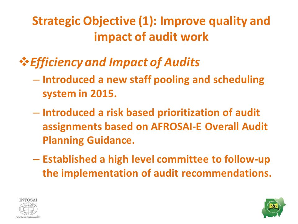 Strategic Objective (1): Improve quality and impact of audit work  Efficiency and Impact of Audits – Introduced a new staff pooling and scheduling system in 2015.