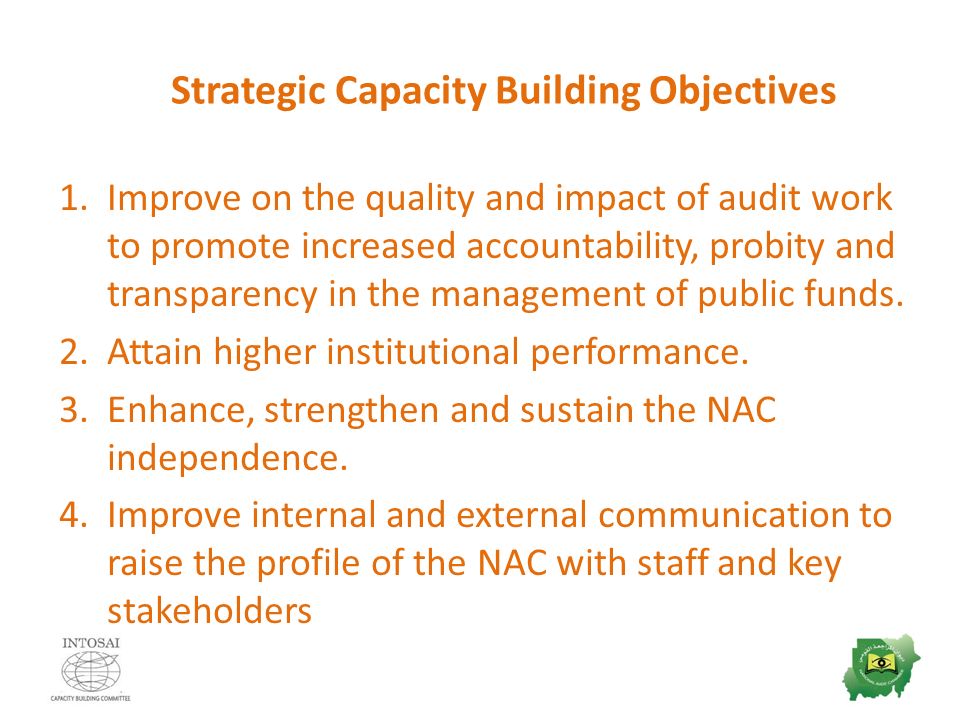 Strategic Capacity Building Objectives 1.Improve on the quality and impact of audit work to promote increased accountability, probity and transparency in the management of public funds.