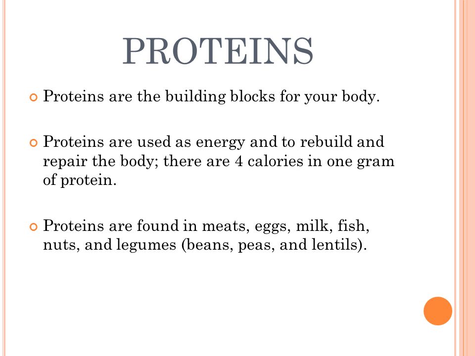 PROTEINS Proteins are the building blocks for your body.