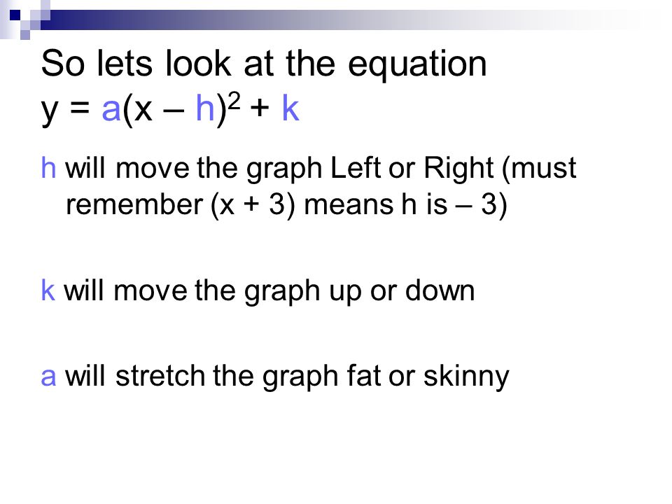 So lets look at the equation y = a(x – h) 2 + k h will move the graph Left or Right (must remember (x + 3) means h is – 3) k will move the graph up or down a will stretch the graph fat or skinny