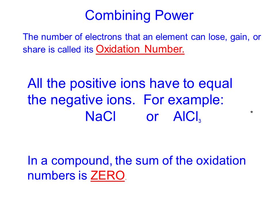 Combining Power The number of electrons that an element can lose, gain, or share is called its Oxidation Number.