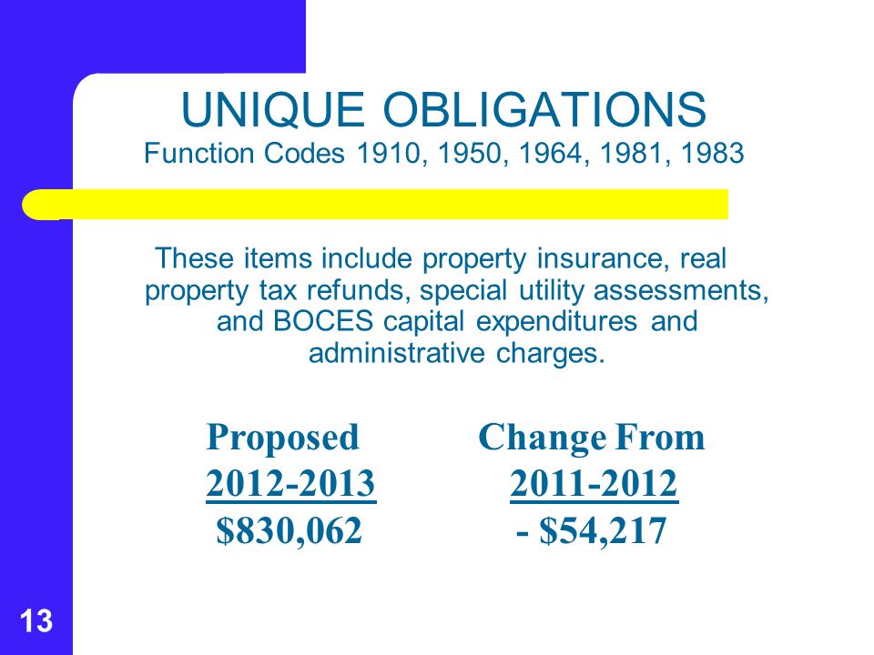 13 These items include property insurance, real property tax refunds, special utility assessments, and BOCES capital expenditures and administrative charges.