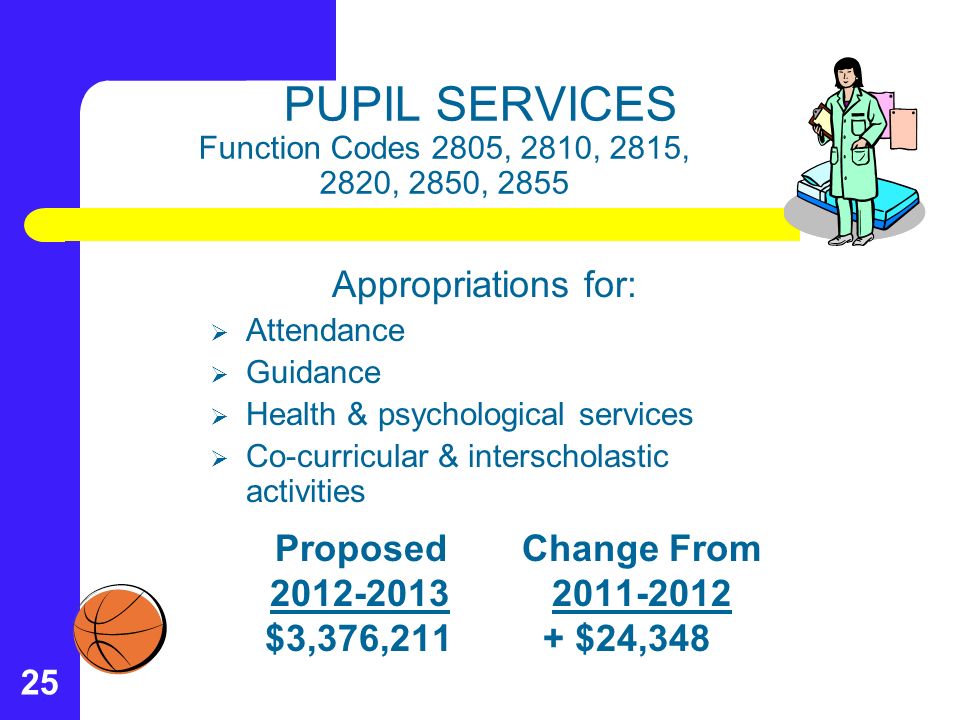 25 PUPIL SERVICES Function Codes 2805, 2810, 2815, 2820, 2850, 2855 Appropriations for:  Attendance  Guidance  Health & psychological services  Co-curricular & interscholastic activities ProposedChange From $3,376,211 + $24,348