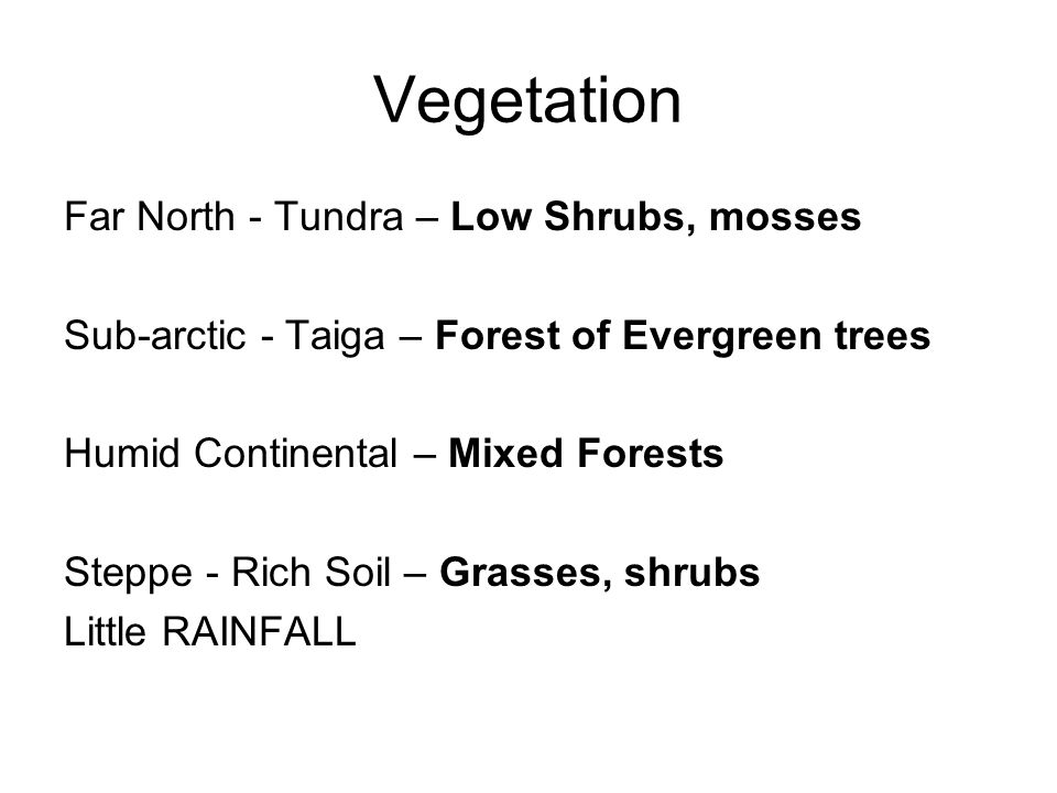 Vegetation Far North - Tundra – Low Shrubs, mosses Sub-arctic - Taiga – Forest of Evergreen trees Humid Continental – Mixed Forests Steppe - Rich Soil – Grasses, shrubs Little RAINFALL