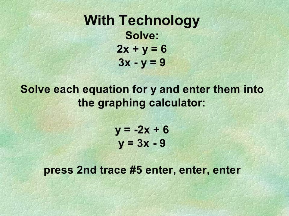 With Technology Solve: 2x + y = 6 3x - y = 9 Solve each equation for y and enter them into the graphing calculator: y = -2x + 6 y = 3x - 9 press 2nd trace #5 enter, enter, enter