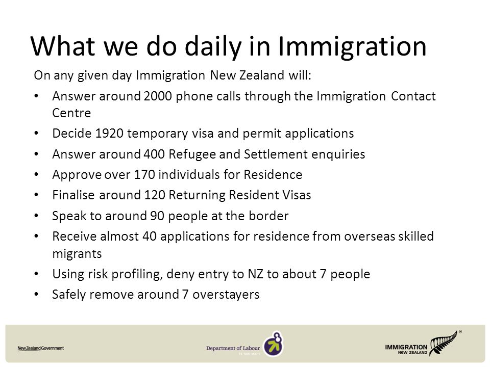 What we do daily in Immigration On any given day Immigration New Zealand will: Answer around 2000 phone calls through the Immigration Contact Centre Decide 1920 temporary visa and permit applications Answer around 400 Refugee and Settlement enquiries Approve over 170 individuals for Residence Finalise around 120 Returning Resident Visas Speak to around 90 people at the border Receive almost 40 applications for residence from overseas skilled migrants Using risk profiling, deny entry to NZ to about 7 people Safely remove around 7 overstayers
