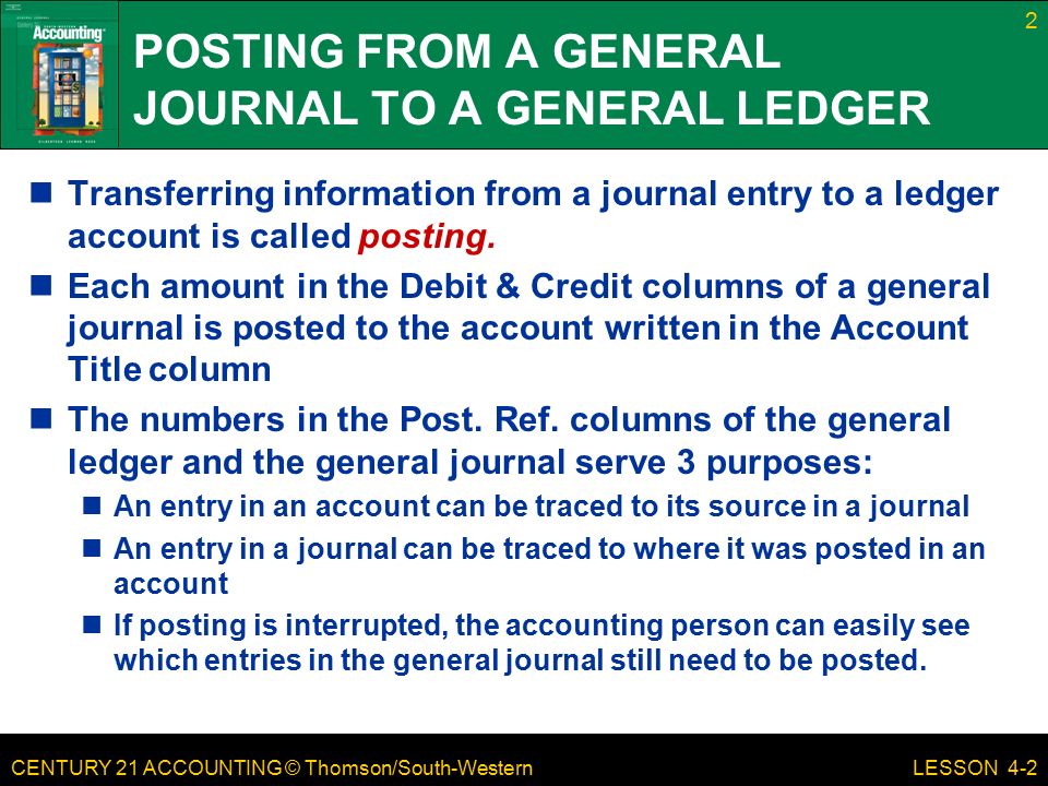 CENTURY 21 ACCOUNTING © Thomson/South-Western 2 LESSON 4-2 POSTING FROM A GENERAL JOURNAL TO A GENERAL LEDGER Transferring information from a journal entry to a ledger account is called posting.