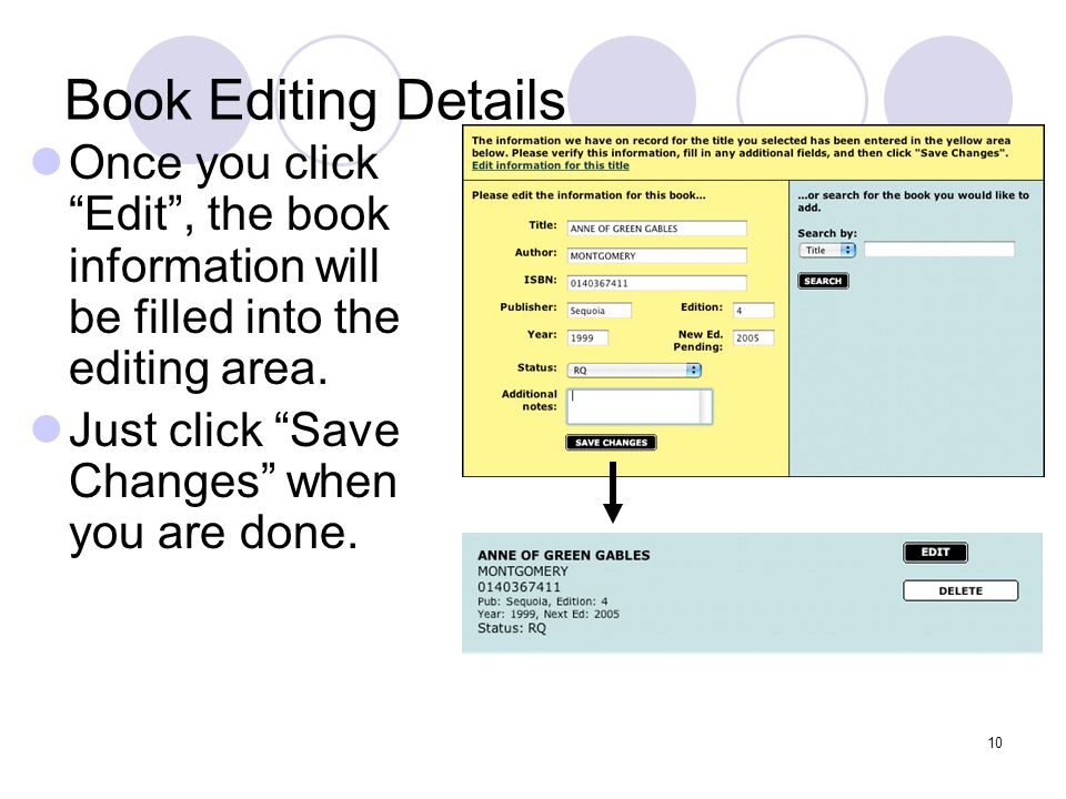 10 Book Editing Details Once you click Edit , the book information will be filled into the editing area.