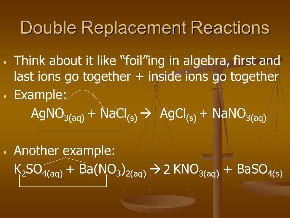 Double Replacement Reactions Think about it like foil ing in algebra, first and last ions go together + inside ions go together Example: AgNO 3(aq) + NaCl (s)  AgCl (s) + NaNO 3(aq) Another example: K 2 SO 4(aq) + Ba(NO 3 ) 2(aq)  KNO 3(aq) + BaSO 4(s) 2