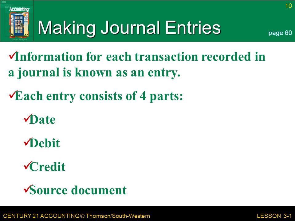 CENTURY 21 ACCOUNTING © Thomson/South-Western 10 LESSON 3-1 Making Journal Entries page 60 Information for each transaction recorded in a journal is known as an entry.