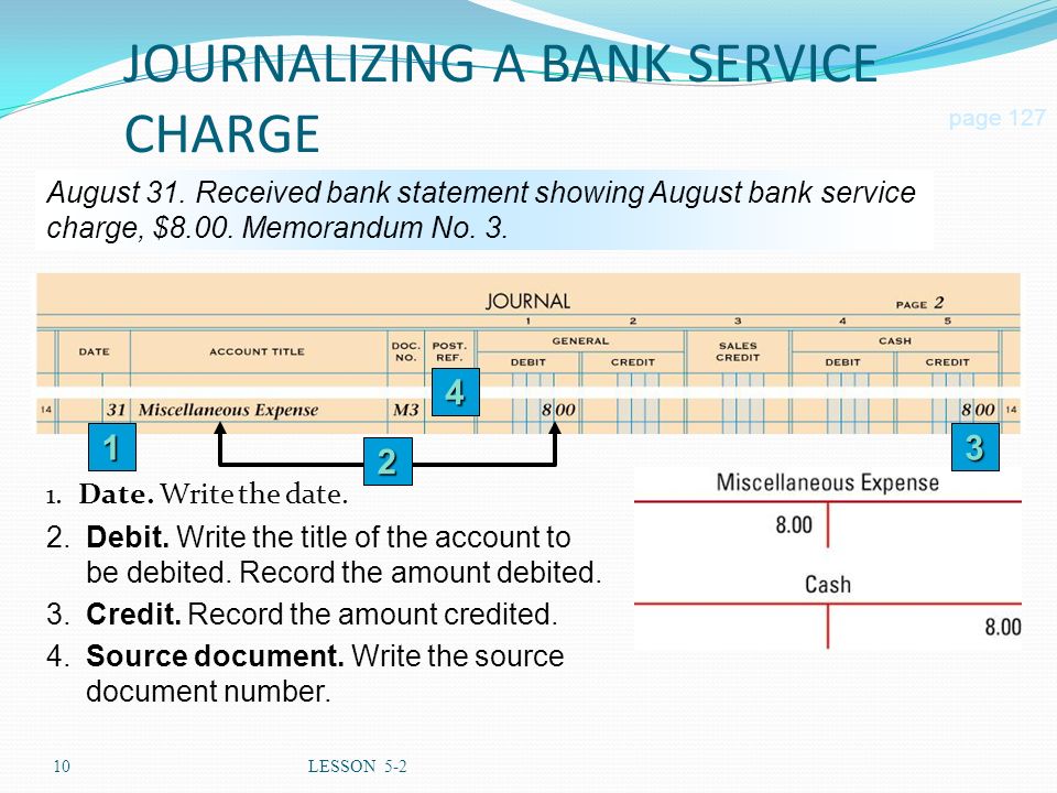 10LESSON 5-2 JOURNALIZING A BANK SERVICE CHARGE 1.Date.