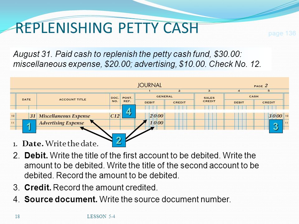 18LESSON 5-4 REPLENISHING PETTY CASH 1.Date. Write the date.