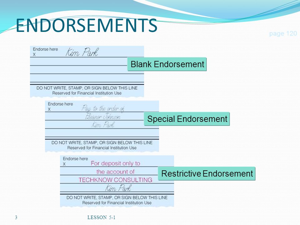 3LESSON 5-1 ENDORSEMENTS page 120 Blank Endorsement Special Endorsement Restrictive Endorsement