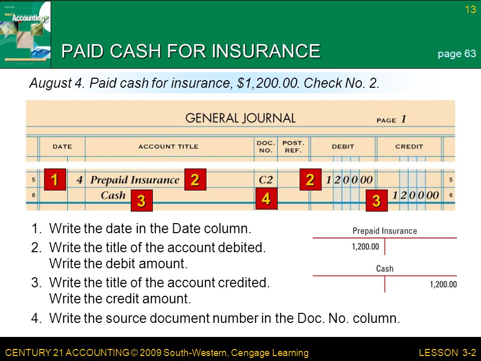 CENTURY 21 ACCOUNTING © 2009 South-Western, Cengage Learning 13 LESSON 3-2 PAID CASH FOR INSURANCE page 63 August 4.