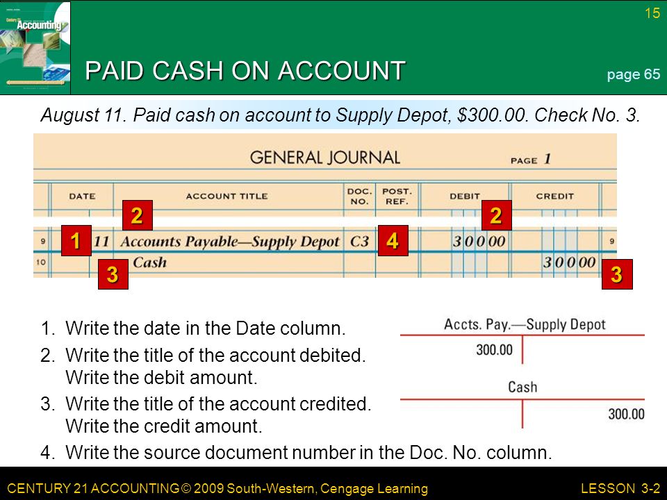 CENTURY 21 ACCOUNTING © 2009 South-Western, Cengage Learning 15 LESSON 3-2 PAID CASH ON ACCOUNT page 65 August 11.