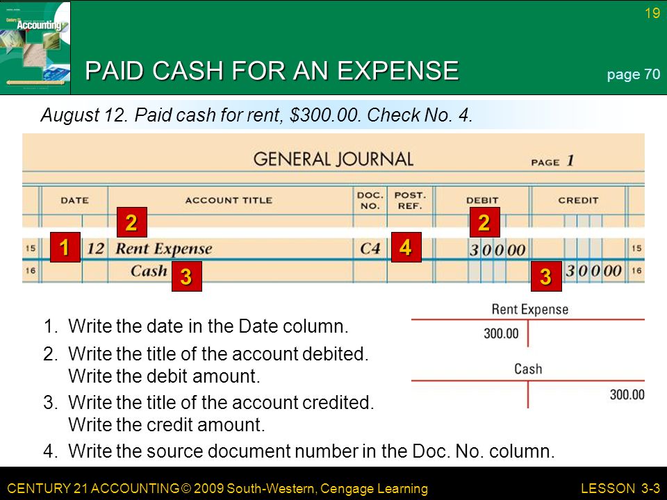 CENTURY 21 ACCOUNTING © 2009 South-Western, Cengage Learning 19 LESSON 3-3 PAID CASH FOR AN EXPENSE page 70 August 12.