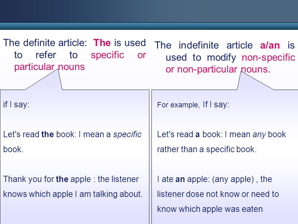 The definite article: The is used to refer to specific or particular nouns if I say: Let s read the book: I mean a specific book.